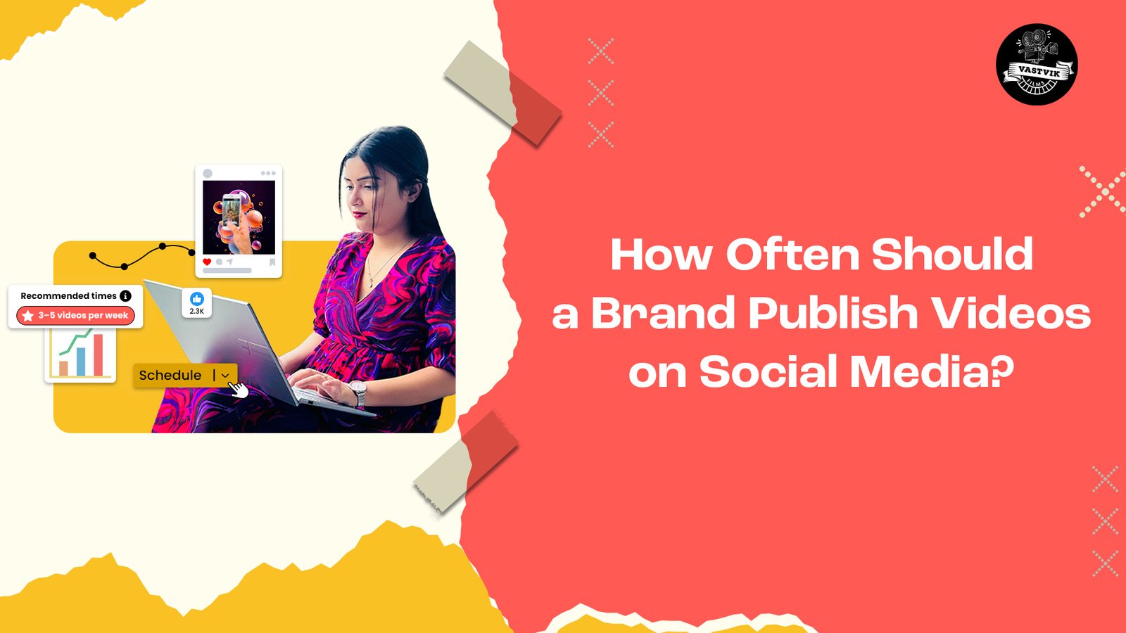 Brand strategist planning video posting frequency on social media using analytics and content scheduling tools