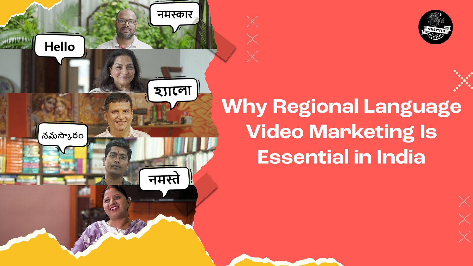 Regional language video marketing in India showing people greeting in Hindi, Tamil, Telugu, Bengali and English