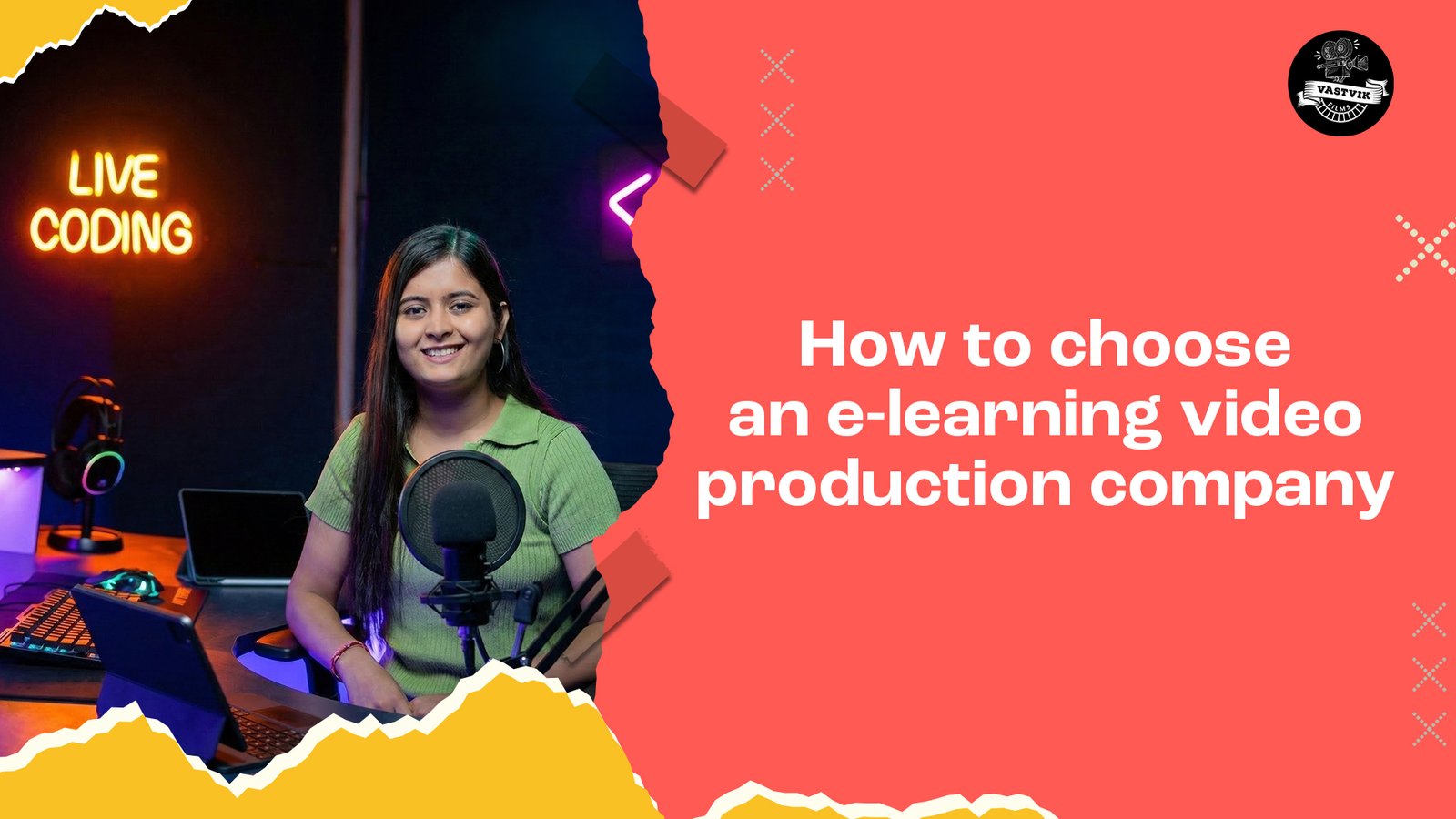 Woman recording video in studio setup with mic and laptop, with text “How to choose an e-learning video production company”