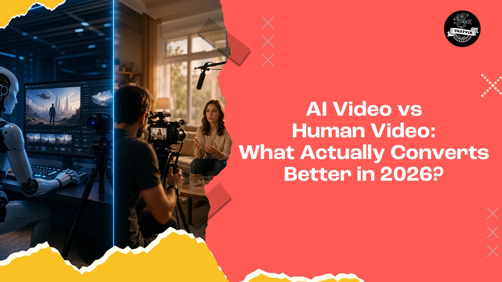 AI video vs human video comparison showing AI-generated editing setup and real video shoot scene