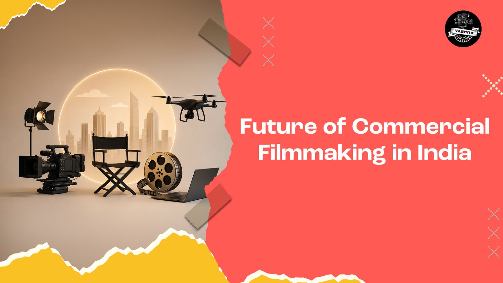 Future of Commercial Filmmaking in India featuring a professional film production setup with a cinema camera, director's chair, drone, film reel, studio light, and laptop against a modern city skyline backdrop, representing the growth of video production and commercial filmmaking in India.