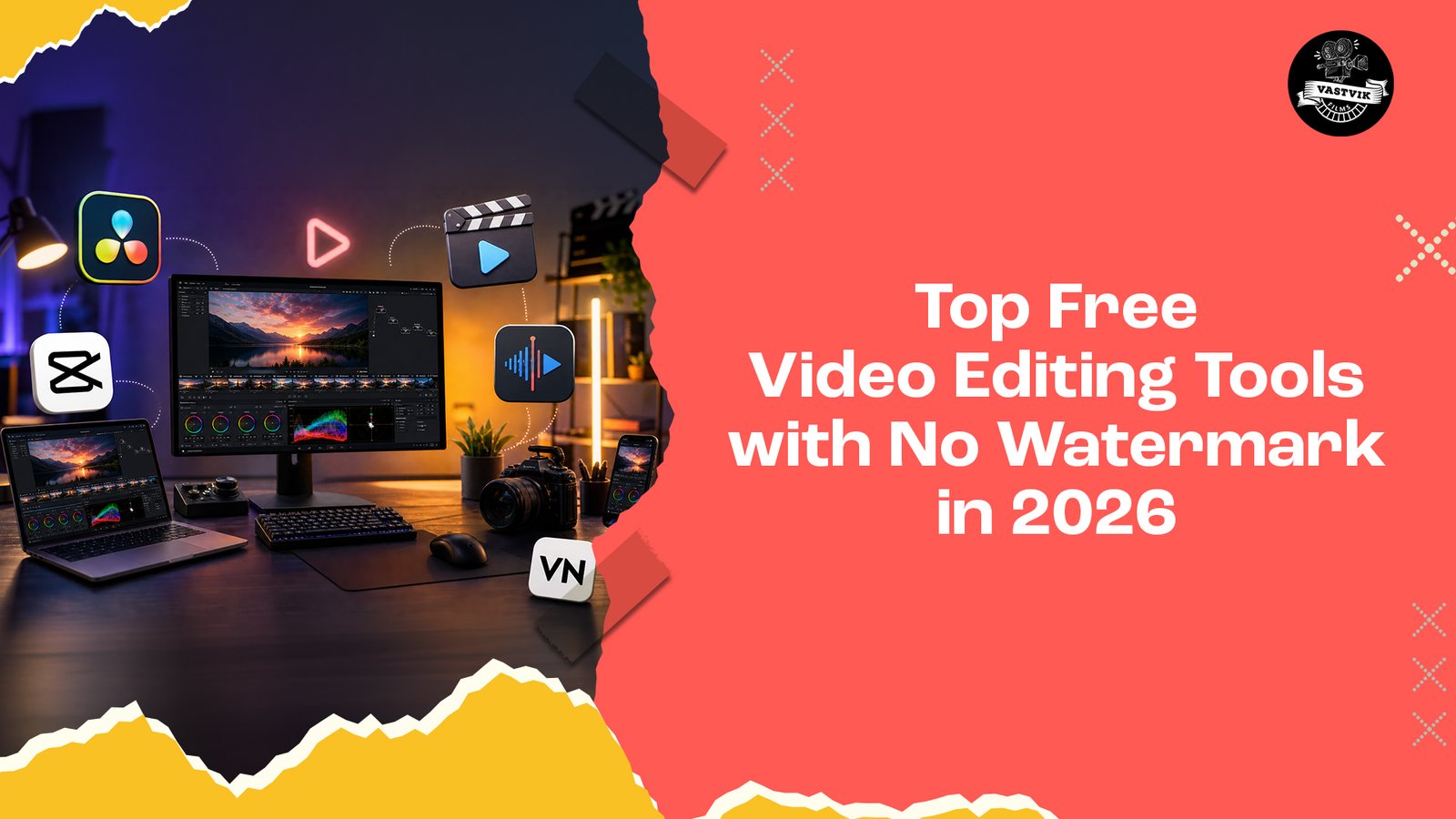 Top free video editing tools with no watermark in 2026 shown on desktop setup with editing software icons like VN, CapCut and DaVinci Resolve