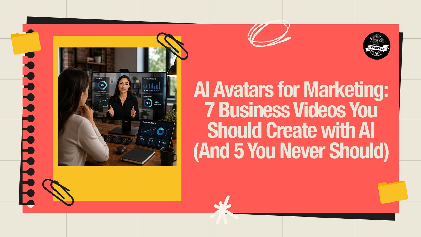 AI avatars for marketing concept showing a virtual presenter on a computer screen with analytics dashboards, illustrating AI-powered business video creation.