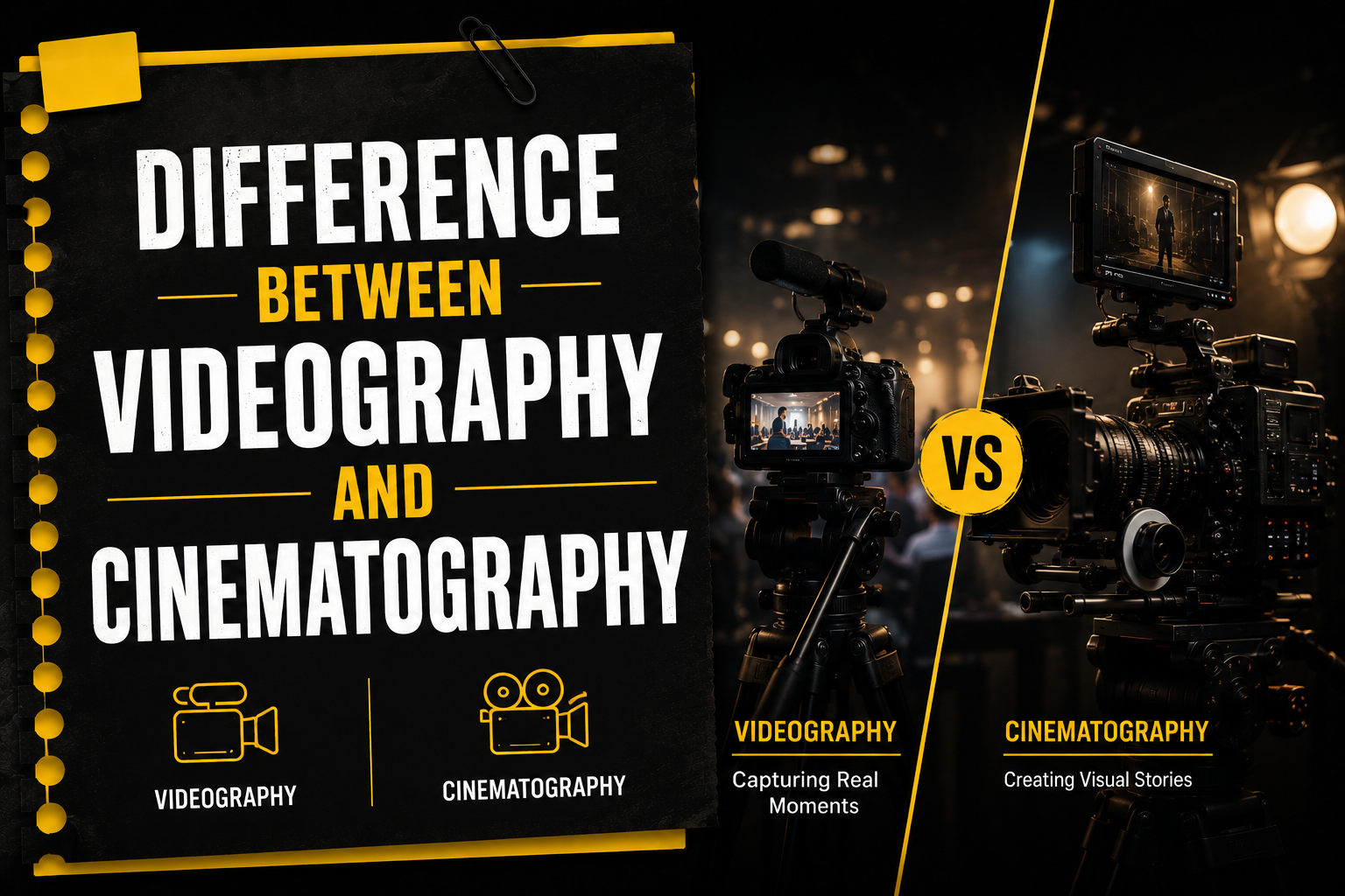 Difference between videography and cinematography comparison showing professional video cameras, filmmaking setup, and business video production.