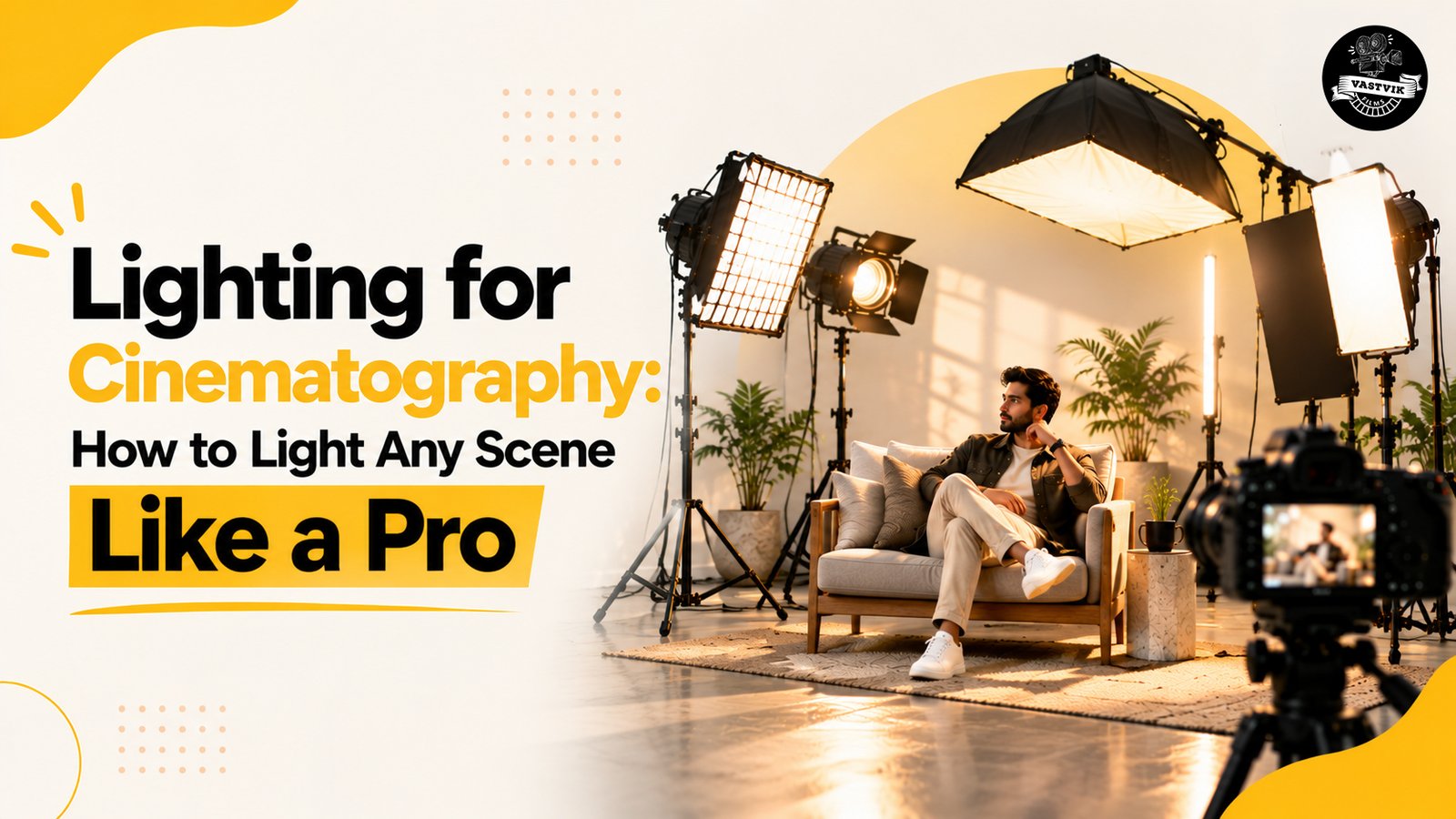 Lighting for cinematography setup with professional studio lights and camera