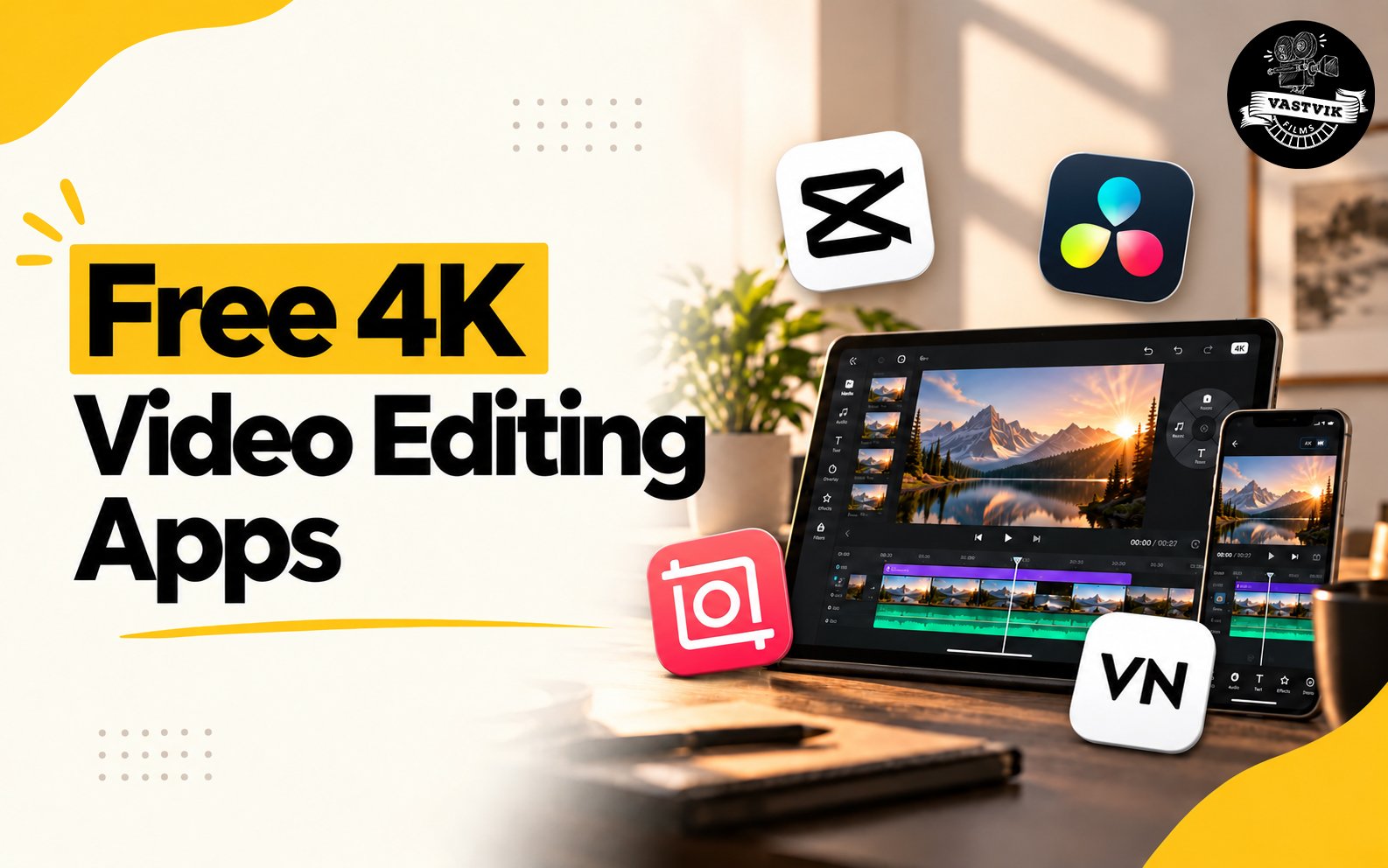 Free 4K video editing apps featuring CapCut, DaVinci Resolve, InShot and VN with video editing interfaces on a tablet and smartphone.