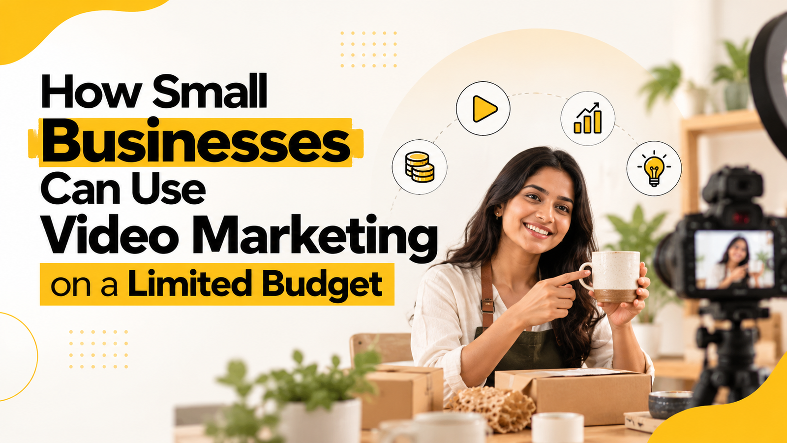 How small businesses can use video marketing on a limited budget, featuring a business owner recording a product video with a camera.